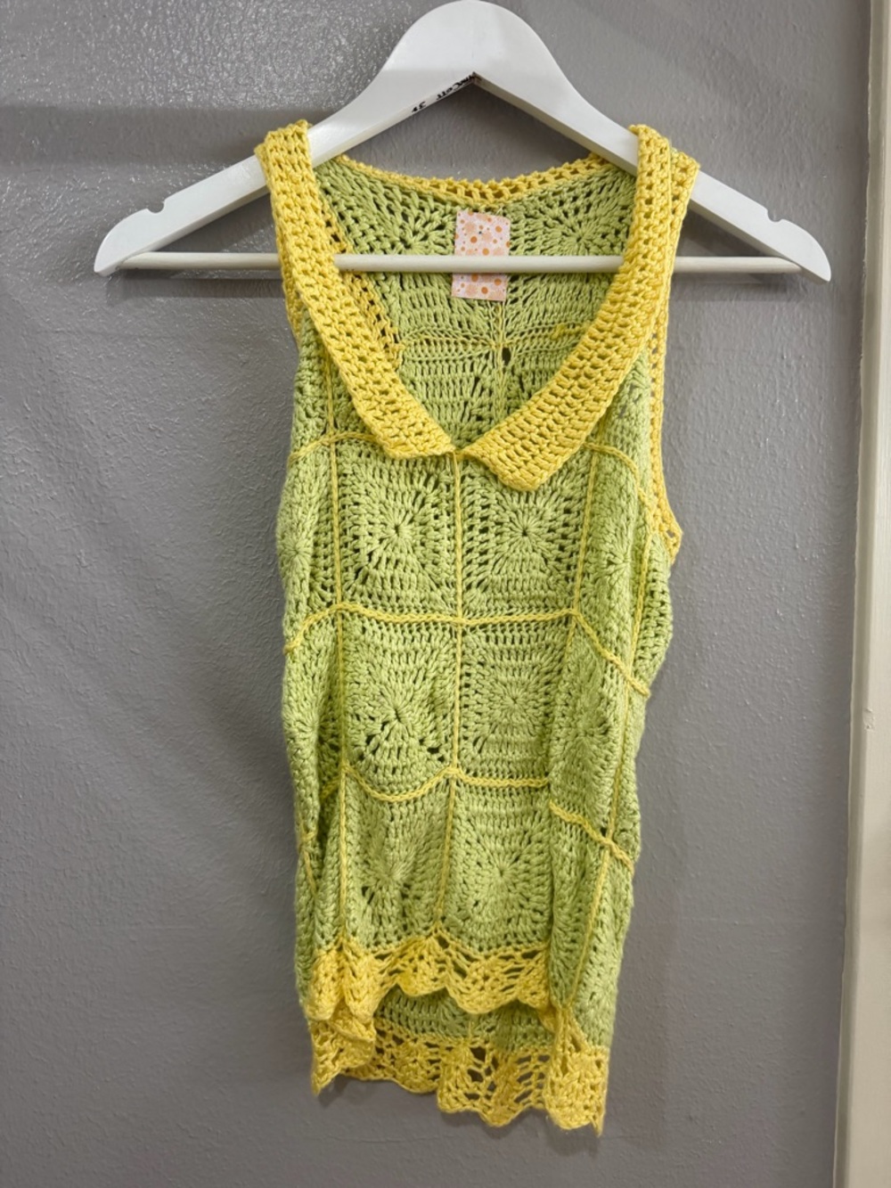 Crochet Square Tank Top with Yellow Trim - Women